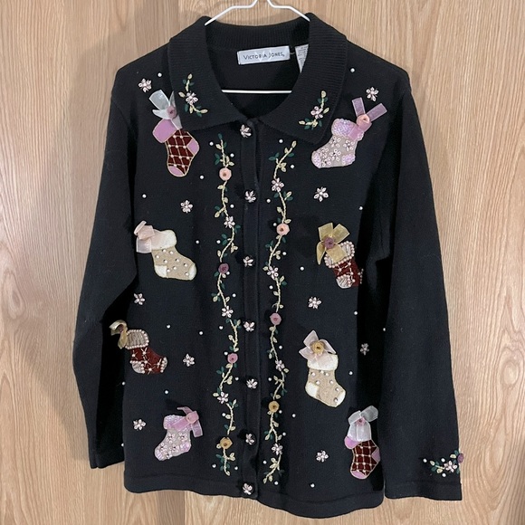 🎄 Gorgeous Vintage Christmas Sweater Embroidered Sequins Ribbons Pearls - Picture 1 of 5